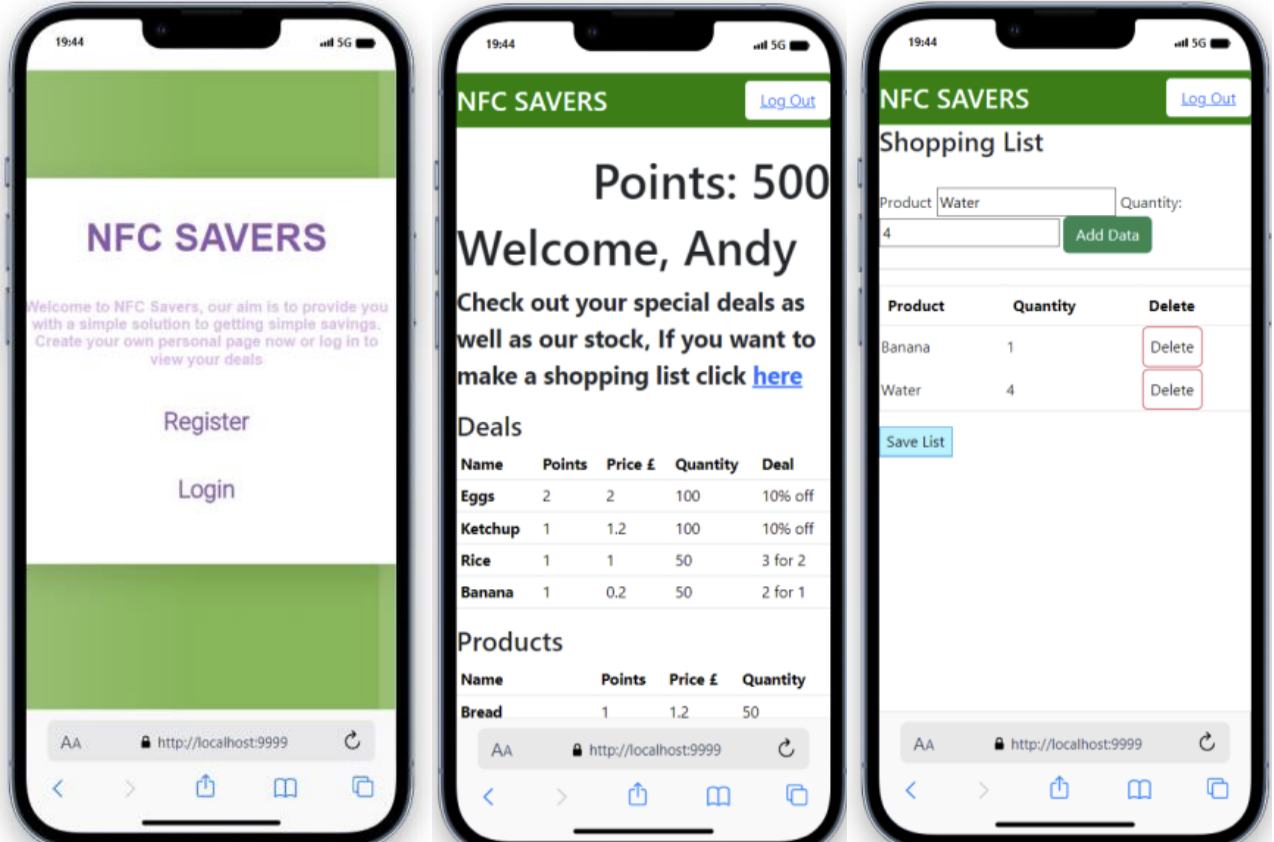 Three phone screens from NFC Savers: the welcome page, a points balance with deals and products, and a shopping list.