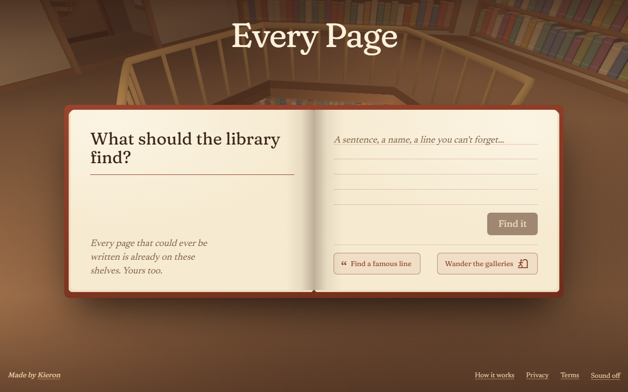 Every Page: an open book asking what the library should find, over a lamplit gallery of hexagonal bookshelves.