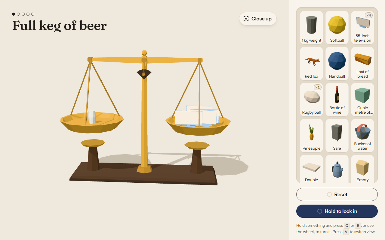 A balance scale with a keg of beer on one pan and a stack of televisions on the other.